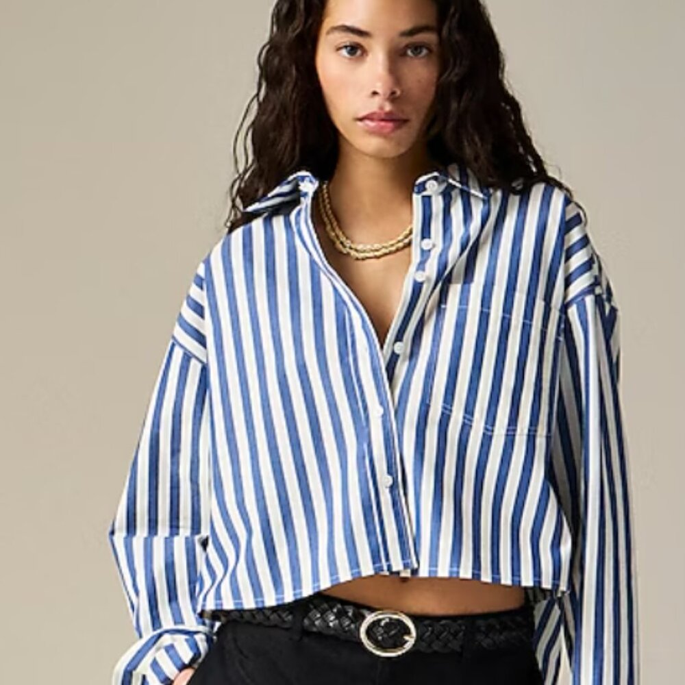 NEW J.Crew Étienne Cropped Button-Up Shirt in Striped Cotton Poplin